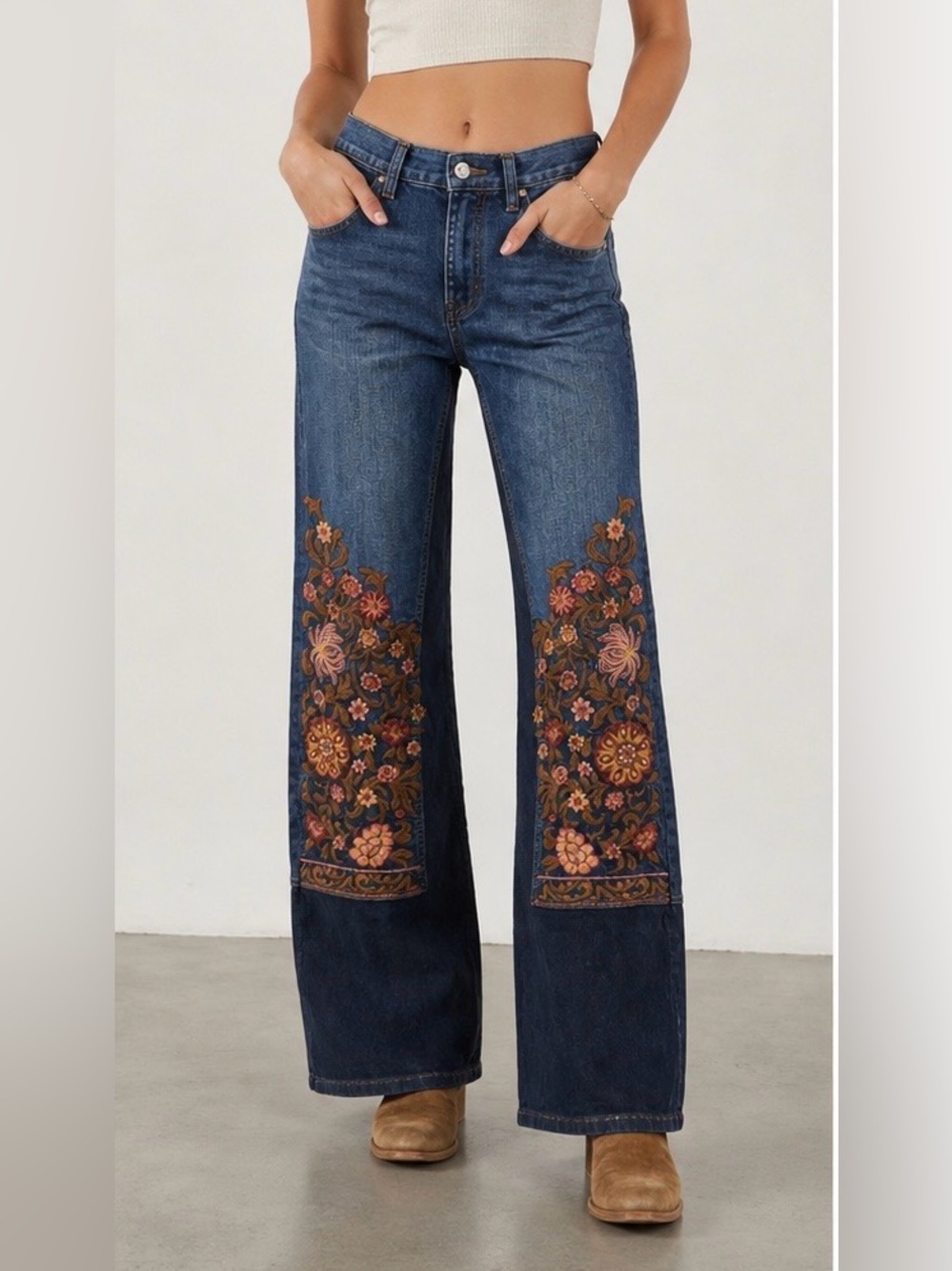 Driftwood Jeans Size 26 Embroidered Floral Wide Leg Denim Corduroy Panel Boho